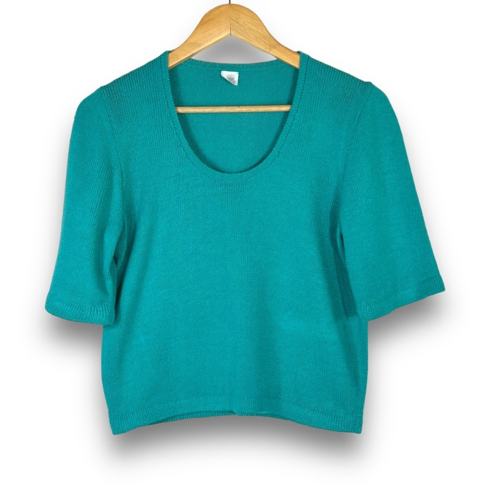 4/$20 Vintage Teal Knit Short Sleeve Sweater | Made in USA | Size S/M - Picture 2 of 5